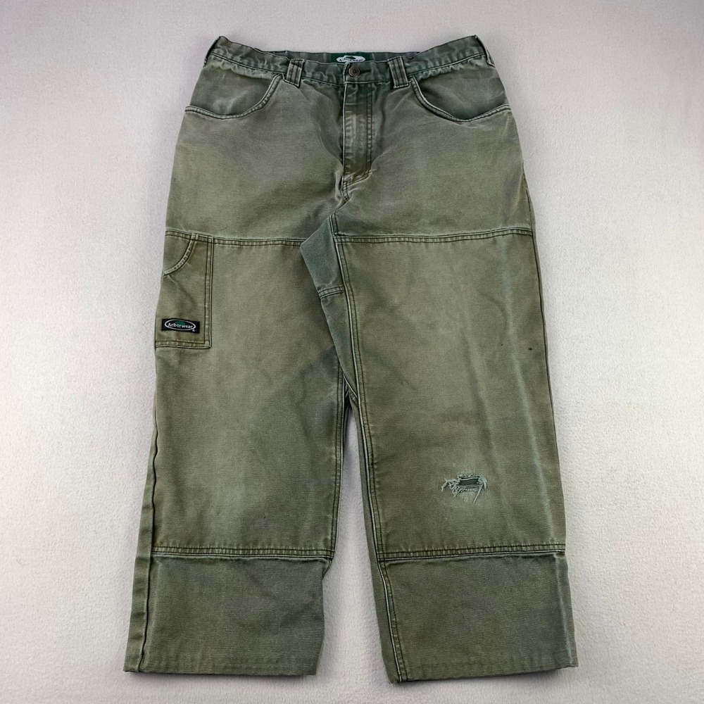 Thrashed Double Knee Work Pants Mens 36x34 Green Cropped VTG Utility Arborwear